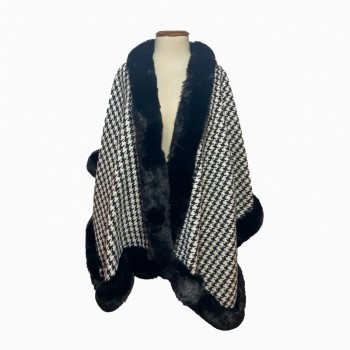 Poncho 100% Acrilico Pied Poule com Pele Tam  Unico