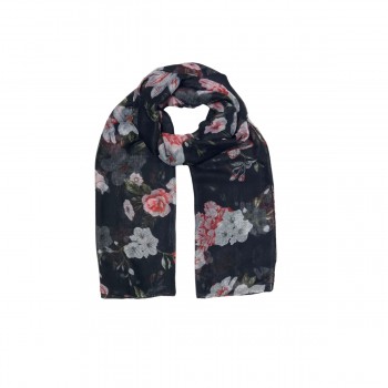 Echarpe Preto com Flores  180X70 cm Poliester