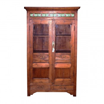 Cristaleira em Madeira Rústica Decorada com Vidro 2 Portas e 4 Gavetas A177xL108xP47 cm
